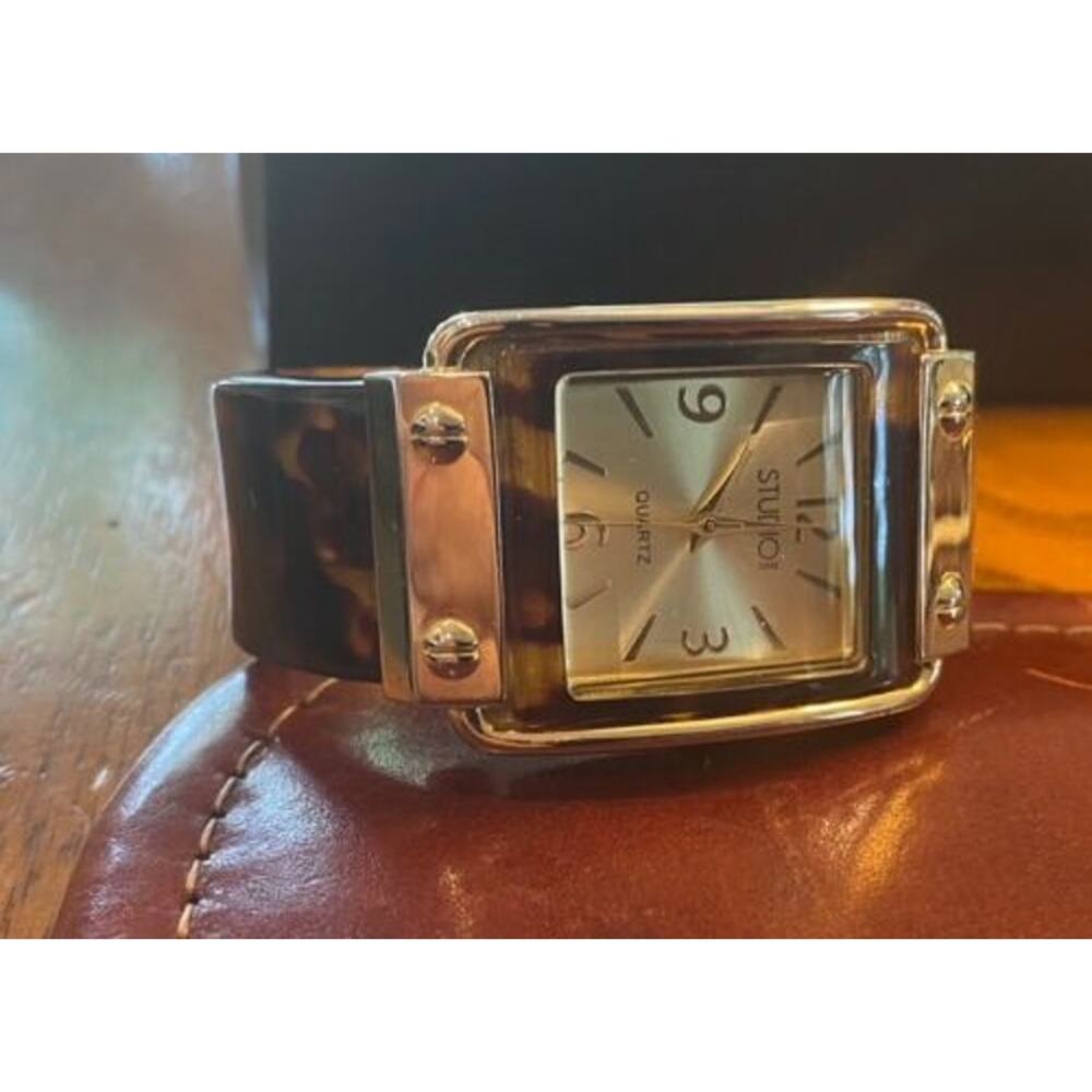 Women's Gold Tone Studio Time Watch, Tortoise Pattern Lucite Band and Bezel